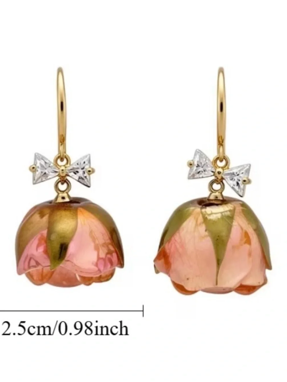 Gold Bow Pink Rose Drop Earrings by